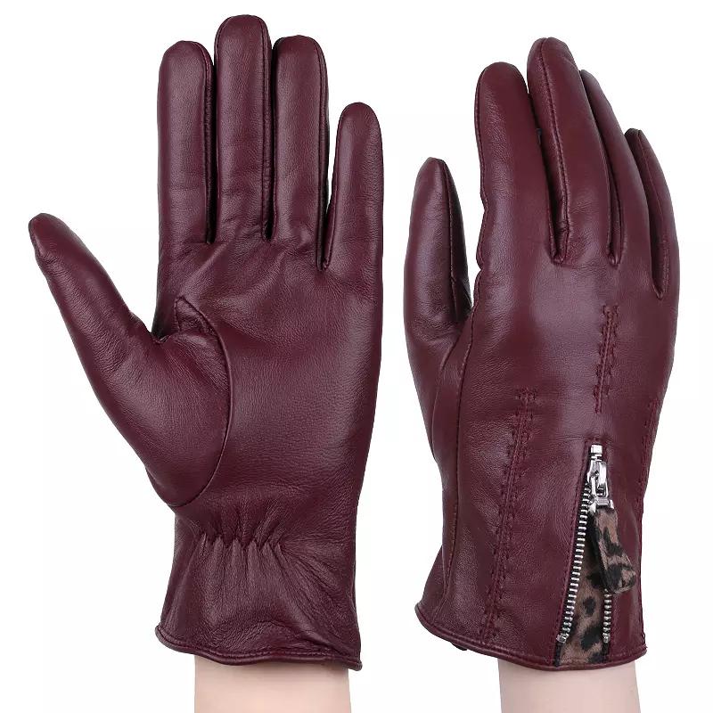 Womens Karla Hanson Leather Gloves with Leopard Gusset Purple Leopard Product Image