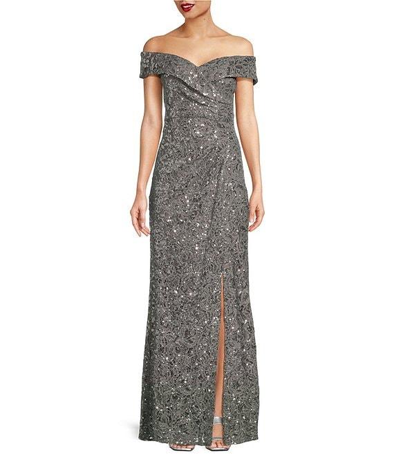 Alex Evenings Off-the-Shoulder Short Sleeve Sequin Lace Gown Product Image