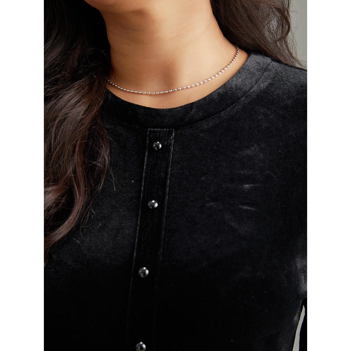 Plus Size Solid Velvet Button Detail Pocket Dress Black Women Office Plain Round Neck Long Sleeve Curvy Midi Dress BloomChic 18-20/2X Product Image