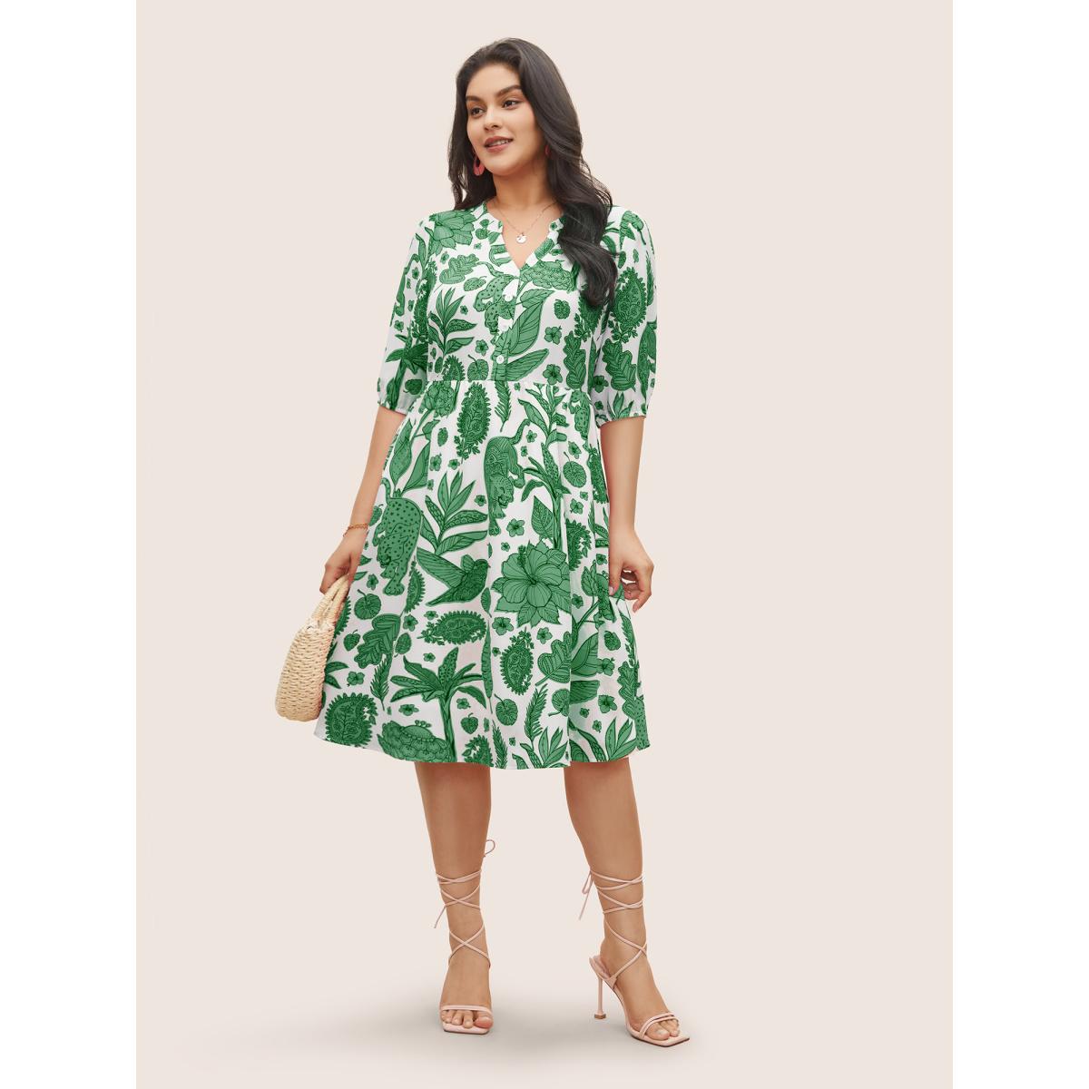 Plus Size Plants & Animal Print Notched Lantern Sleeve Dress Salmon Women Resort Non Notched collar Short sleeve Curvy Midi Dress BloomChic 12/L Product Image