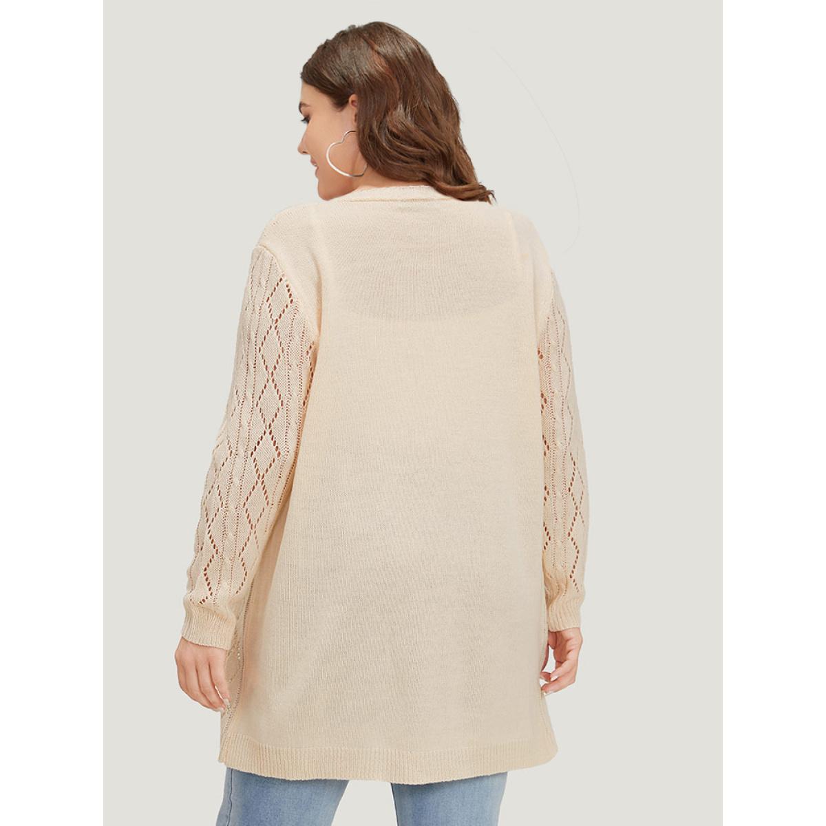 Plus Size Solid Bowknot Detail Patched Pocket Hollow Out Cardigan Apricot Women Casual Loose Long Sleeve Everyday Cardigans BloomChic 28/5X Product Image