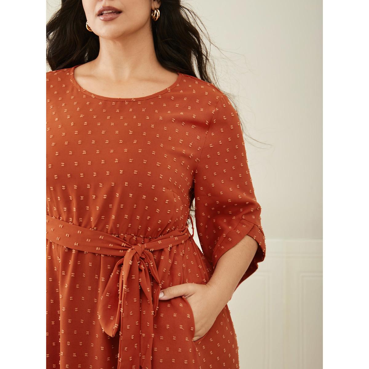 Plus Size Textured Bell Sleeve Belted Arc Hem Dress OrangeRed Women Elegant Texture Round Neck Elbow-length sleeve Curvy BloomChic 18-20/2X Product Image