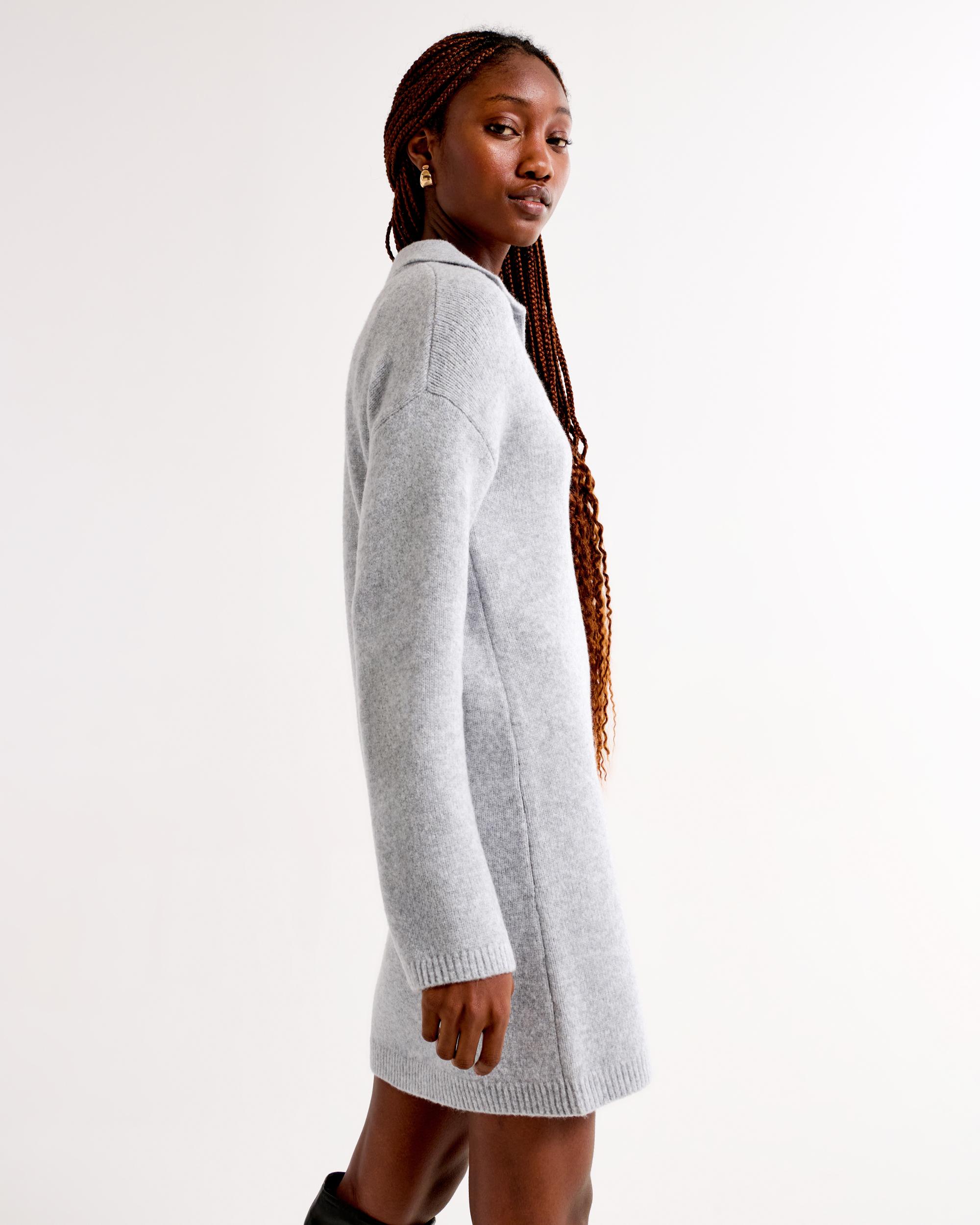 Long-Sleeve Collared Mini Sweater Dress Product Image