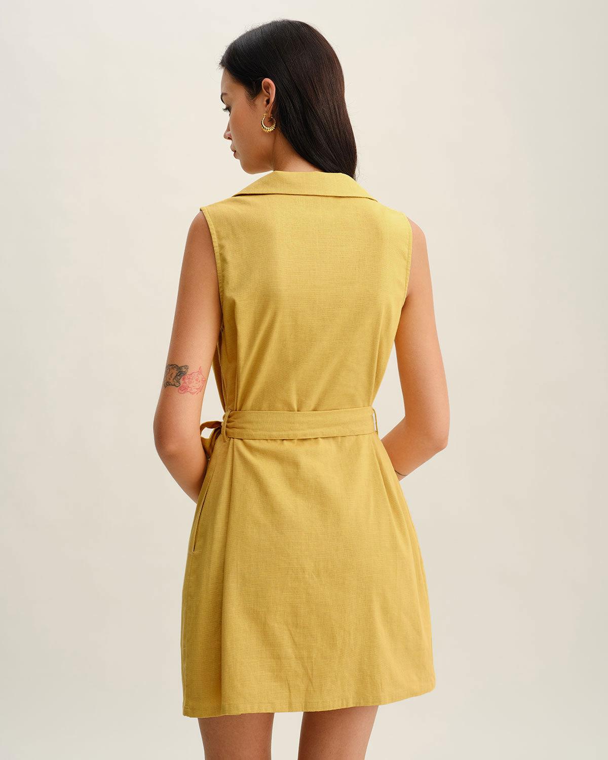 Yellow Tie Waist Sleeveless Mini Dress Product Image