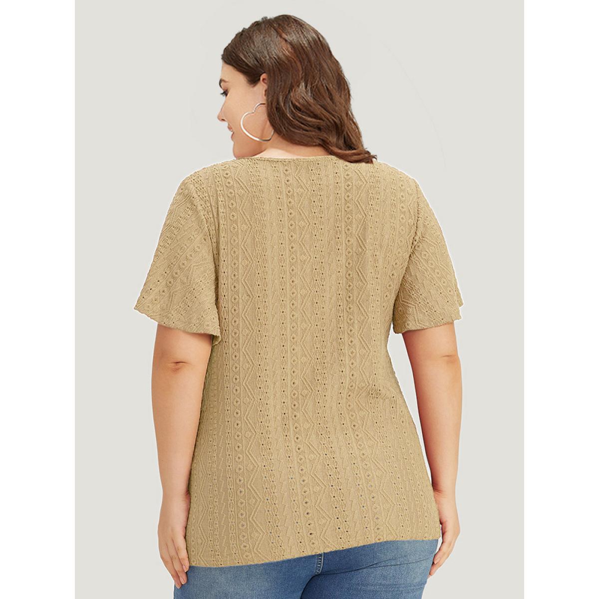 Plus Size Embroidered Button Detail Crew Neck Flutter Sleeve T-shirt Tan Women Elegant Texture Plain Round Neck Dailywear T-shirts BloomChic 18-20/2X Product Image