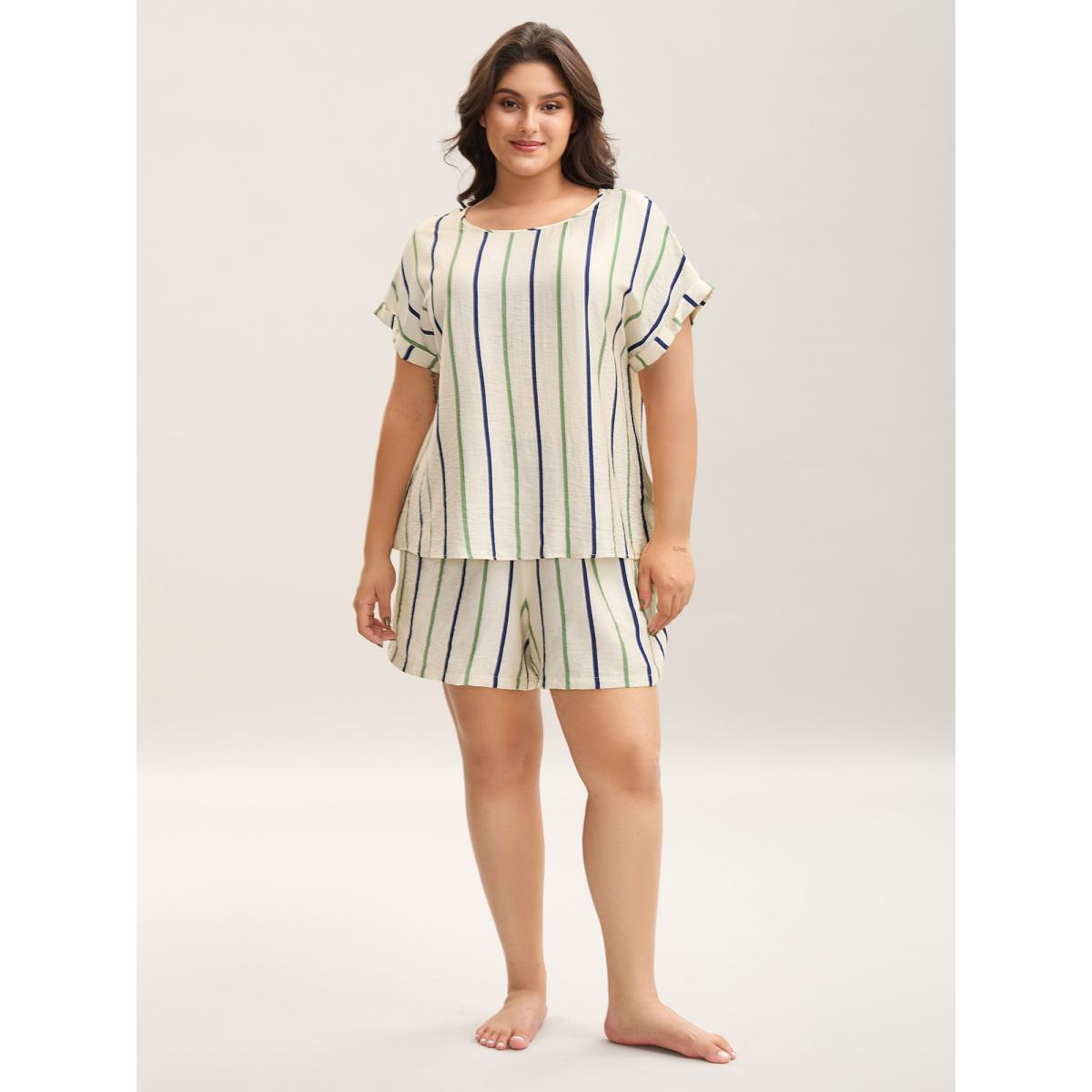 Plus Size Colorful Stripes Flowy Loungewear Set Women Multicolor Roll Hem Short sleeve Boat Neck Leisure Loungewear Sets BloomChic 28/5X Product Image
