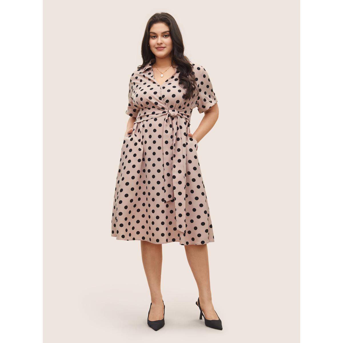 Plus Size Polka Dot Elastic Waist Ties Pocket Dress Pink Women At the Office Non Lapel Collar Short sleeve Curvy Midi Dress BloomChic 30/6X Product Image