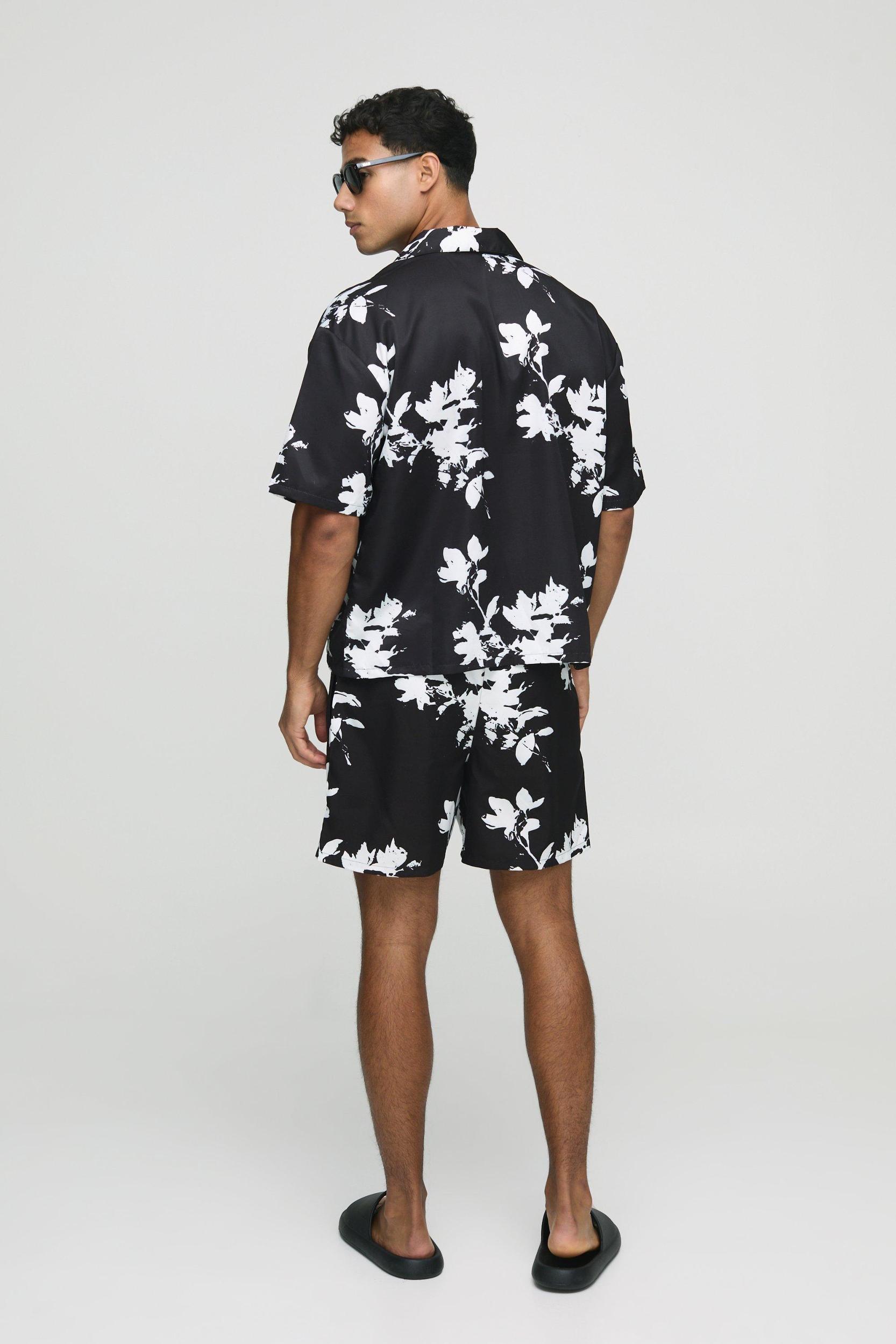 Oversized Boxy Viscose Printed Shirt & Swim Set | boohooMAN USA Product Image