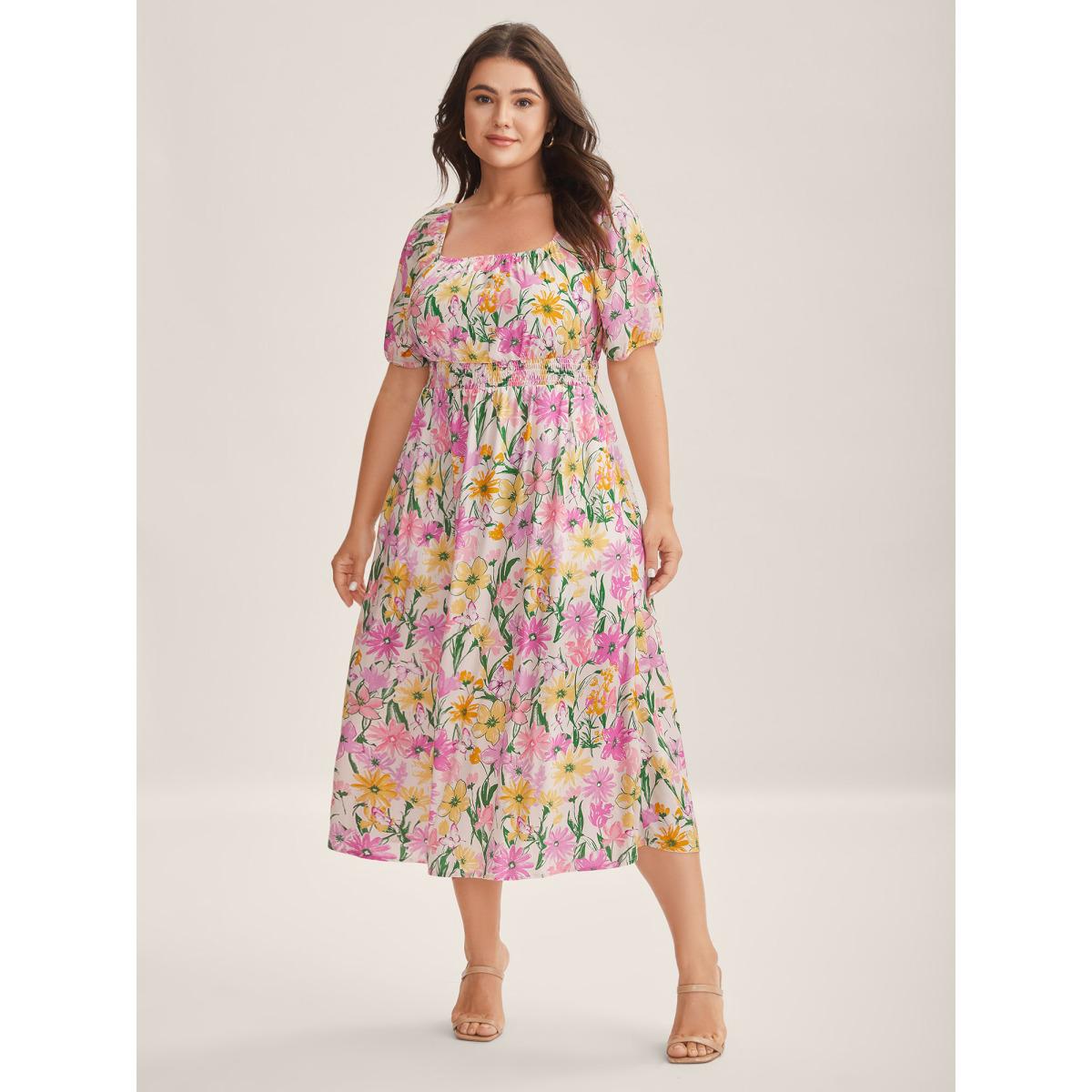 Plus Size Sweet Floral Print Square Neck Midi Dress Lilac Women Square Neck Short sleeve Curvy BloomChic 12/L Product Image