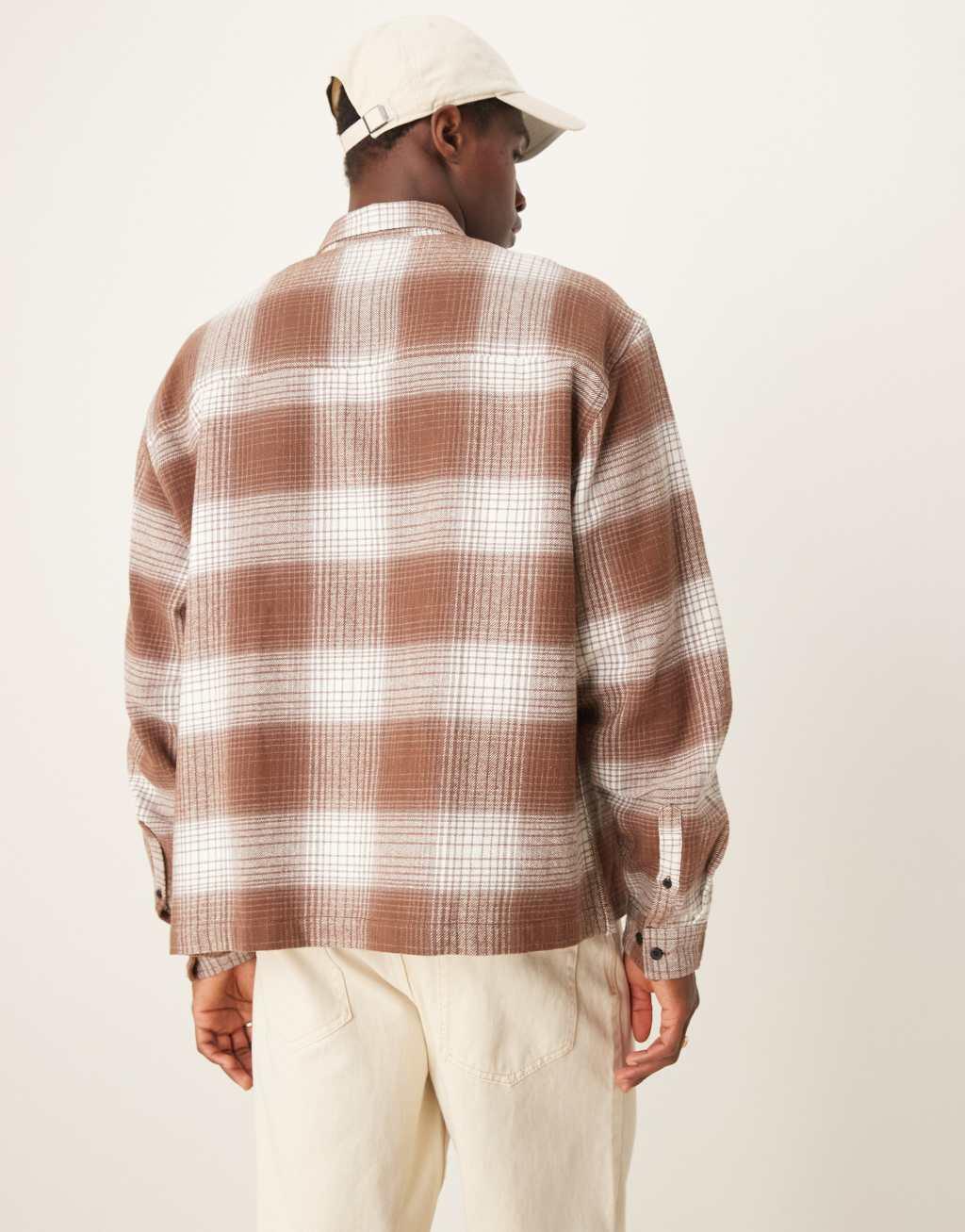 ASOS DESIGN boxy oversized zip through shirt in brown and white check Product Image