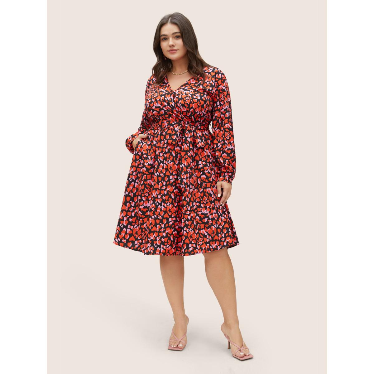 Plus Size Heart Allover Print Belted Surplice Neck Dress Black Women Elegant Wrap Overlap Collar Long Sleeve Curvy Midi Dress BloomChic 18-20/2X Product Image