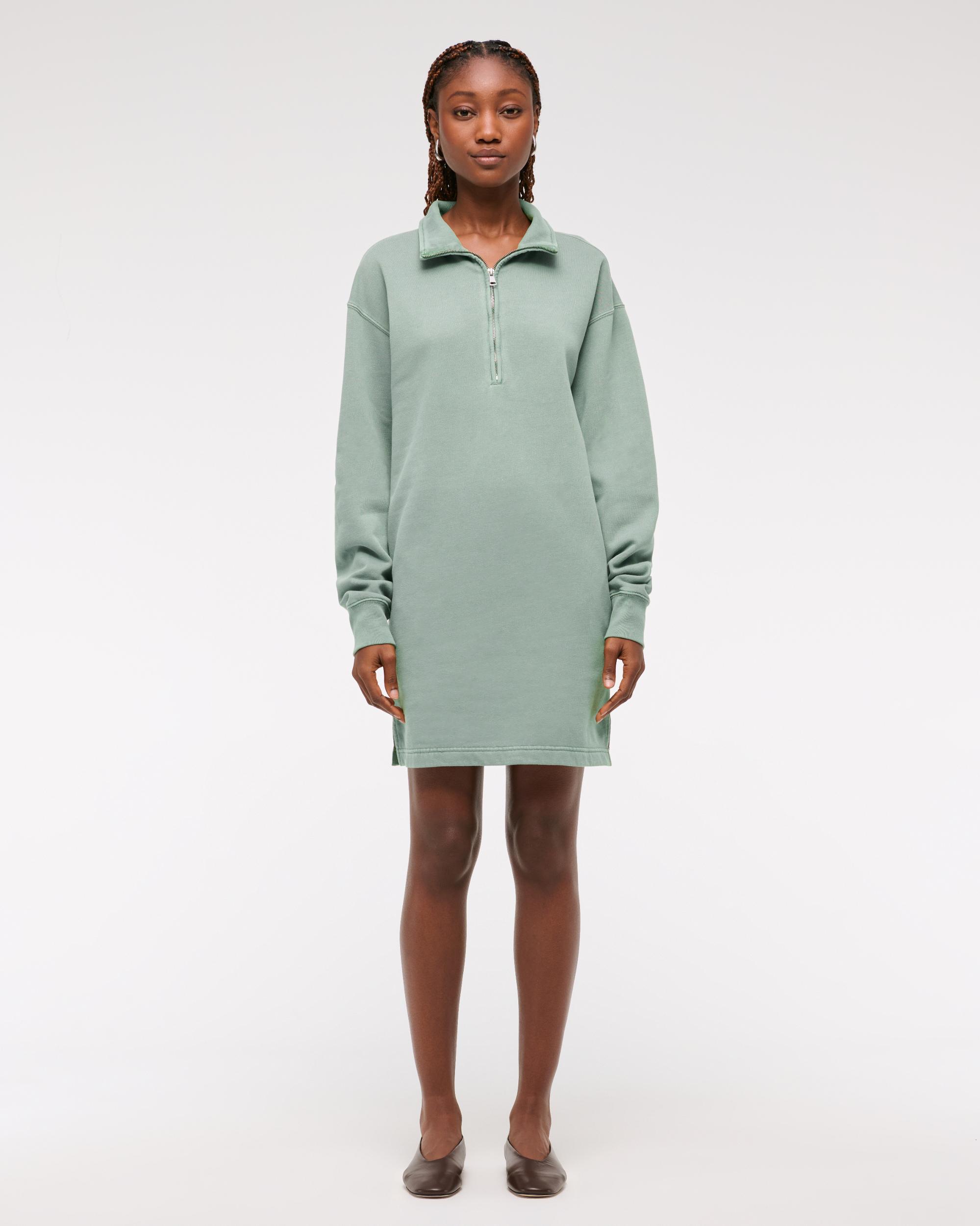 Long-Sleeve Zip-Up Fleece Mini Dress Product Image