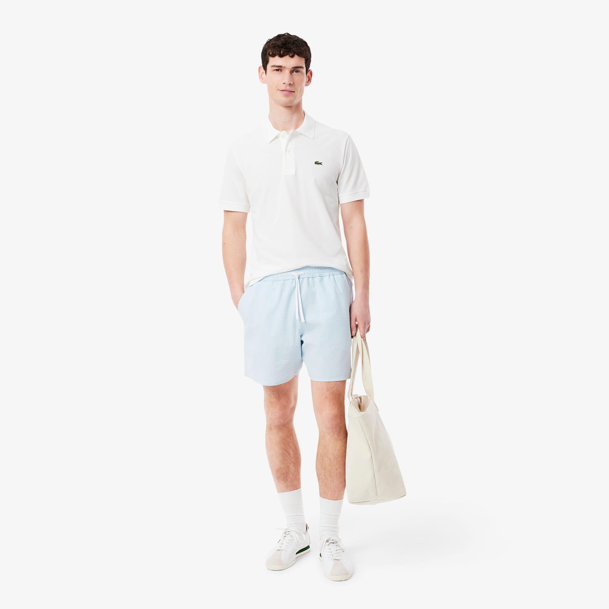 Mid Length Striped Textured Swim Trunks Product Image