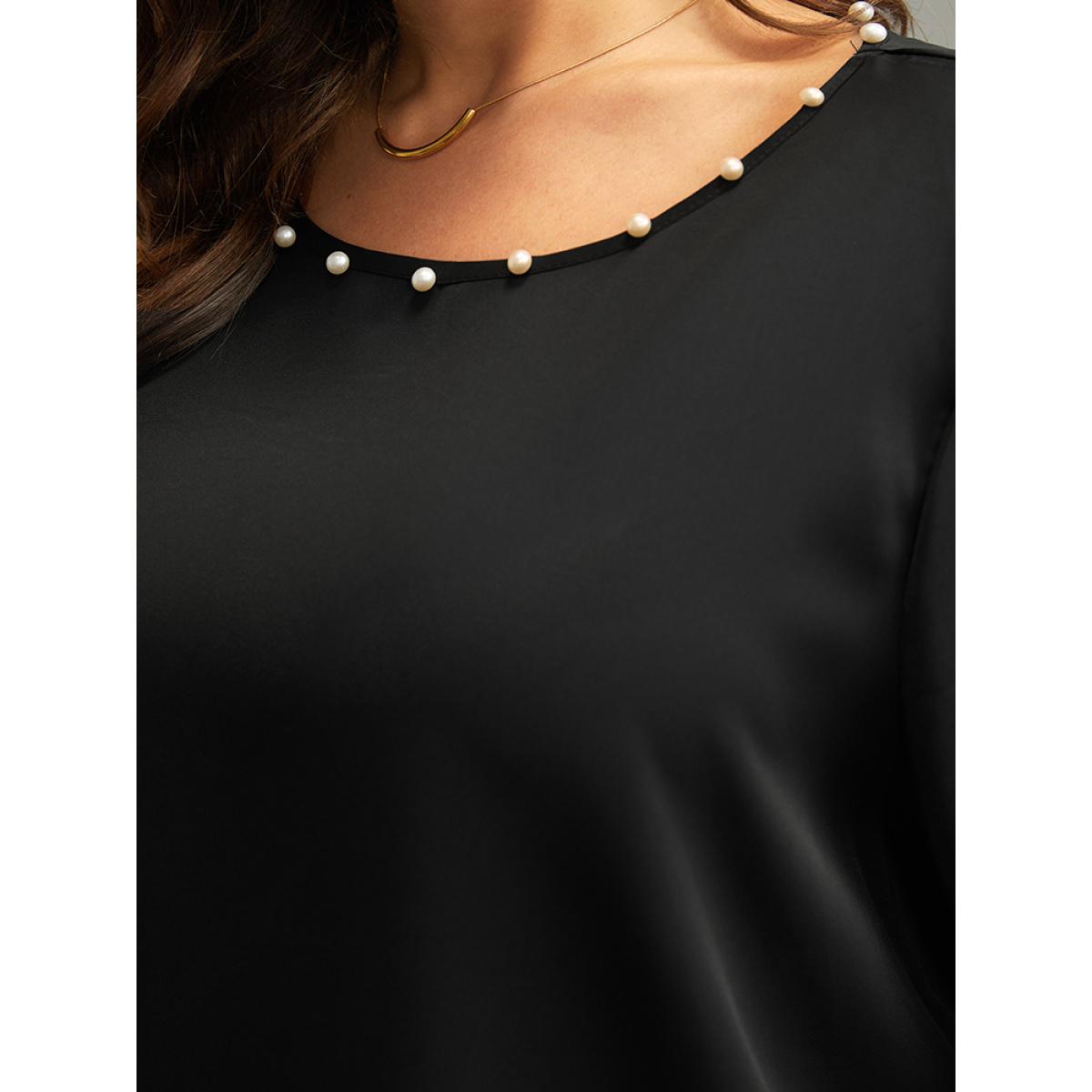 Plus Size Cyan Anti-Wrinkle Pearl Beaded Ruffle Layered Sleeve Blouse Women Glamour Long Sleeve Round Neck Going out Blouses BloomChic 10/M Product Image