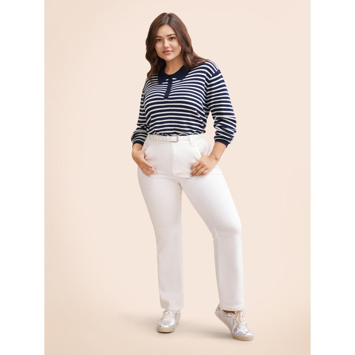 Plus Size Polo Neck Striped Button Up Pullover Midnight Women Workwear Essentials Long Sleeve Polo Work Pullovers BloomChic 22-24/3X Product Image