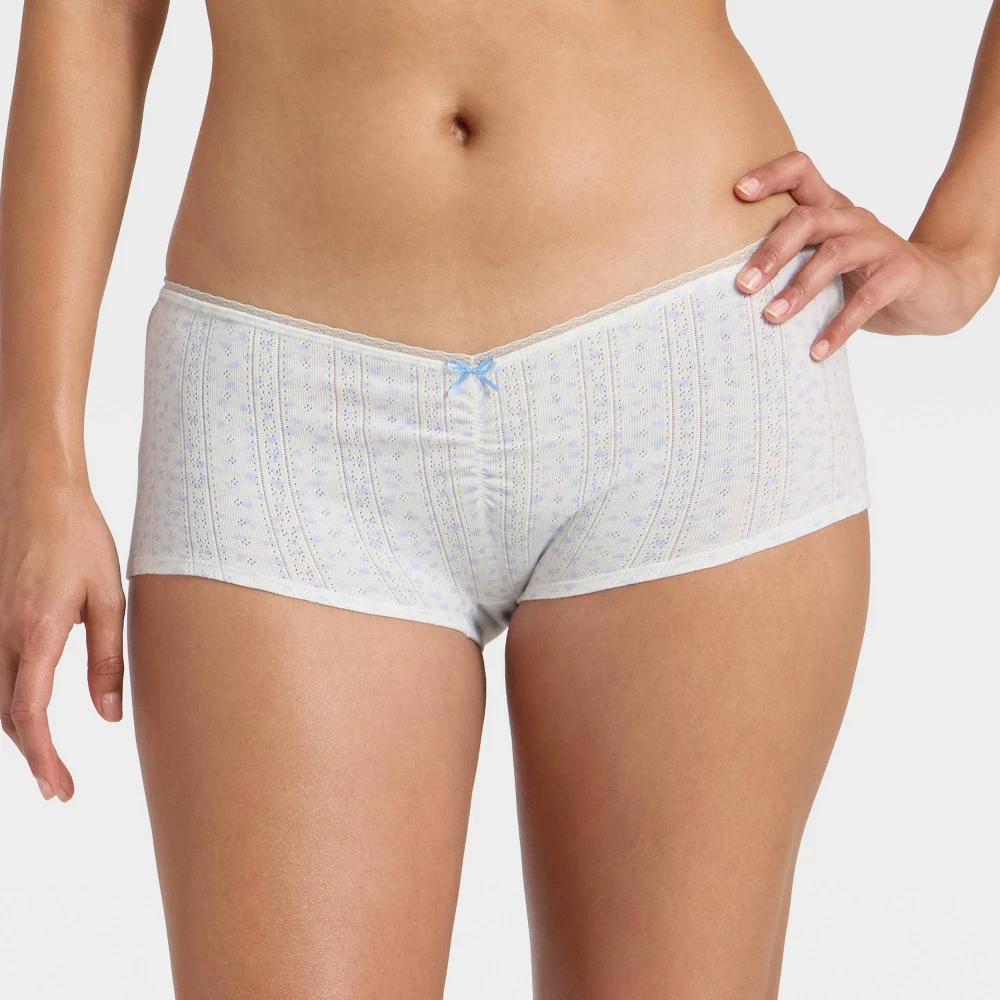 Women's Pointelle Ruched Front Boy Shorts - Wild Fable™ Blue L Product Image