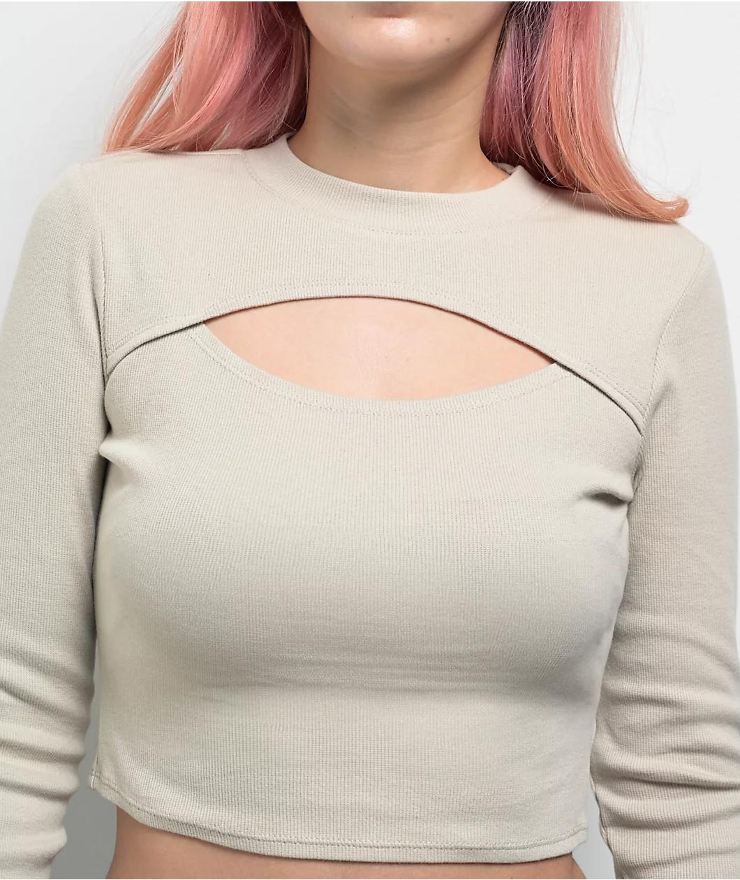 Ninth Hall Fundamentals Krystie Beige Cutout Long Sleeve Crop T-Shirt Product Image
