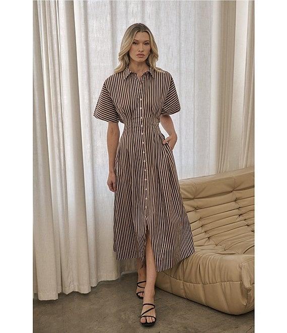 Sugarlips Striped Point Collar Dolman Sleeves Pleated Smocked Button Front Cotton Poplin Dress Product Image