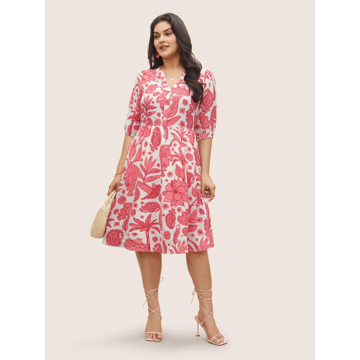 Plus Size Plants & Animal Print Notched Lantern Sleeve Dress Salmon Women Resort Non Notched collar Short sleeve Curvy Midi Dress BloomChic 12/L Product Image