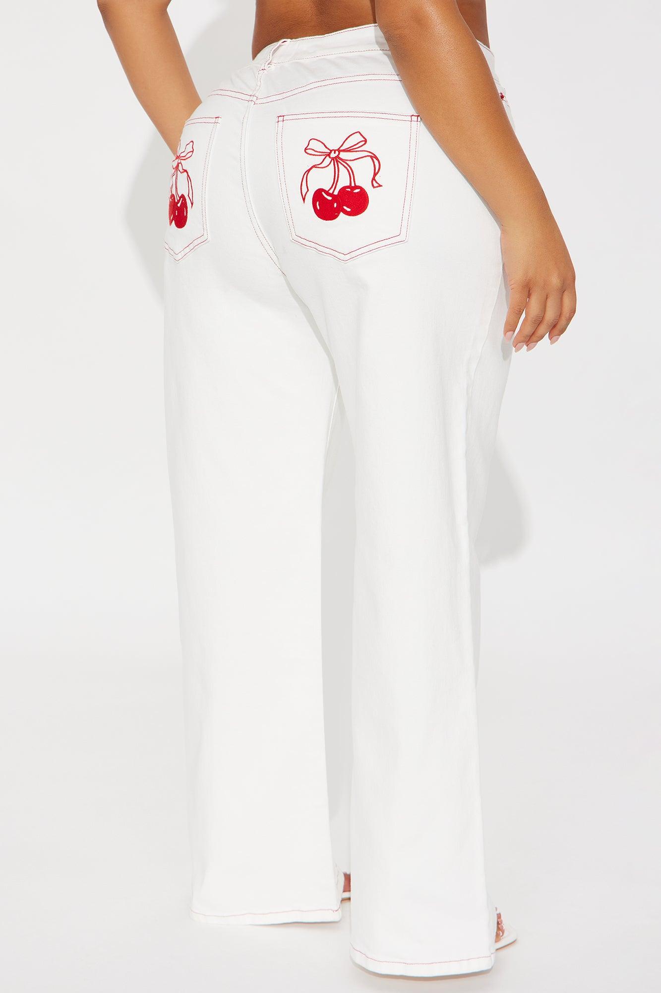 Cherry Bow Embroidered Wide Leg Jeans - White Female Product Image