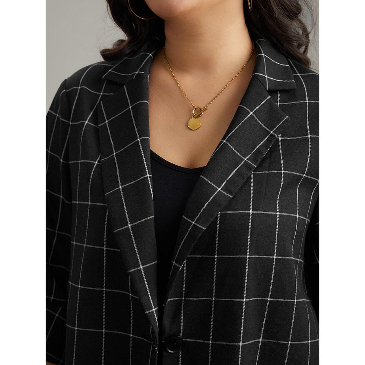 Plus Size Plaid Suit Collar Tab Sleeve Button Up Blazer Black Women Dailywear Plaid Contrast Sleeve Long Sleeve Suit Collar 28/5X Casual Blazers BloomChic Product Image