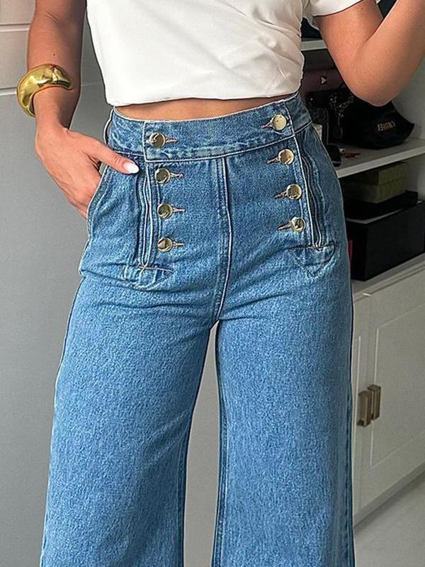 High Waisted Loose Buttoned Split-Joint Jean Pants Bottoms Product Image