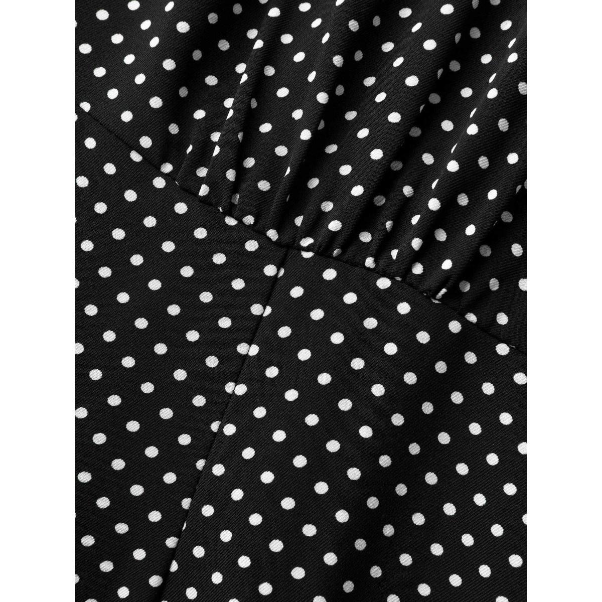 Plus Size V Neck Polka Dot Midi Dress Black Women Elegant Gathered V-neck Sleeveless Curvy BloomChic 12/L Product Image