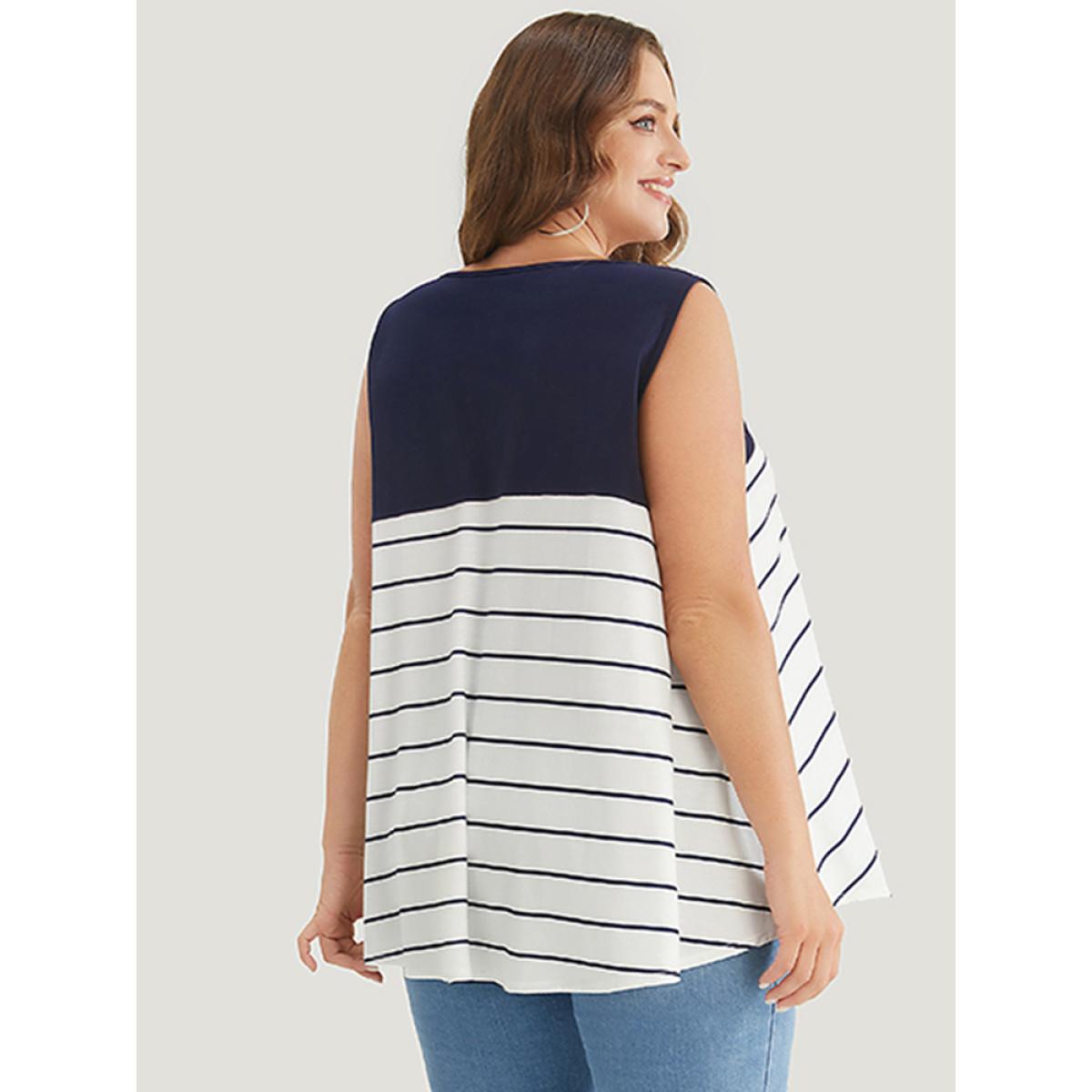 Plus Size Striped Patchwork Pocket Tank Top Women Navy Casual Round Neck Dailywear Tank Tops Camis BloomChic 28/5X Product Image
