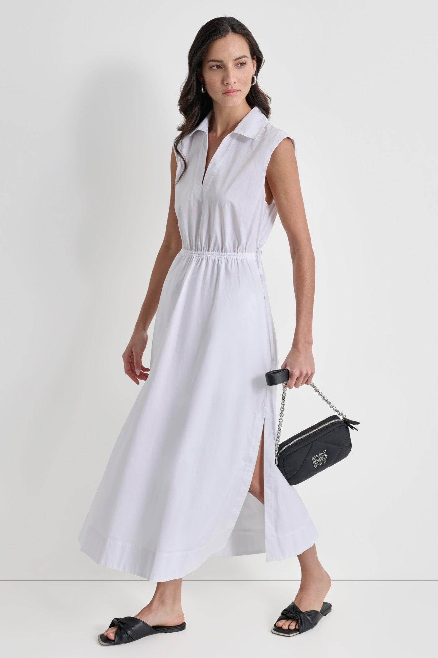 CUTOUT PINSTRIPED MIDI SHIRT DRESS Product Image