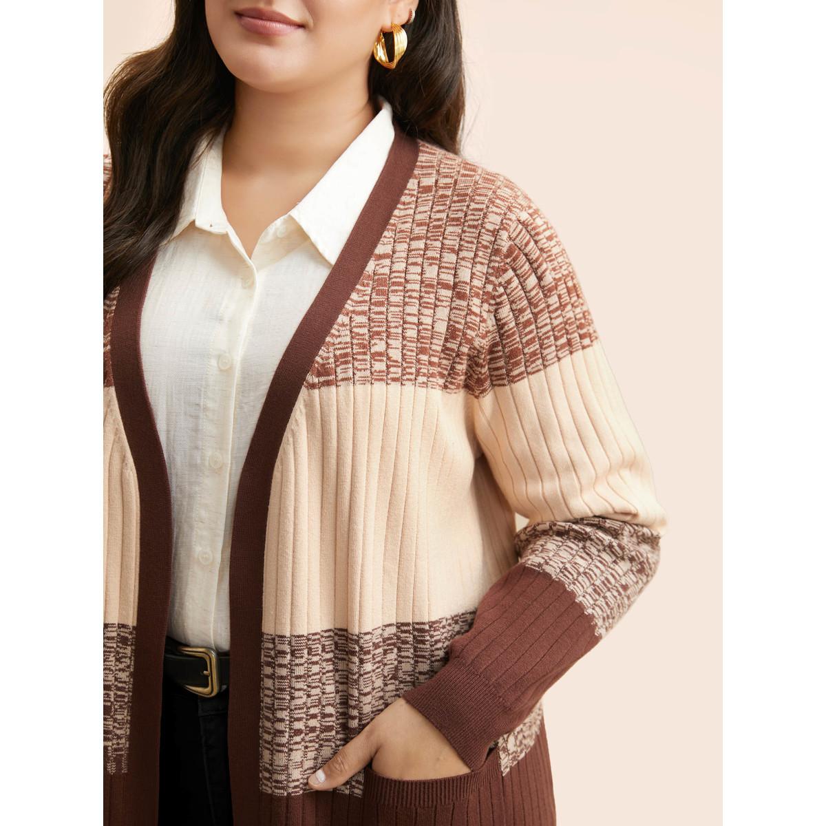 Plus Size Supersoft Essentials Textured Colorblock Contrast Cardigan Yellowishbrown Women Casual Loose Long Sleeve Everyday Cardigans BloomChic 12/L Product Image