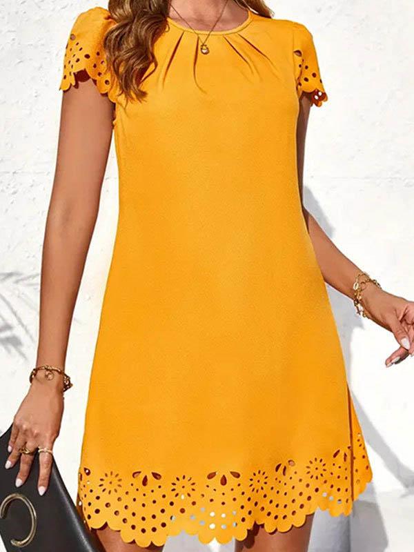 Loose Short Sleeves Hollow Pleated Solid Color Split-Joint Round-Neck Mini Dresses Product Image