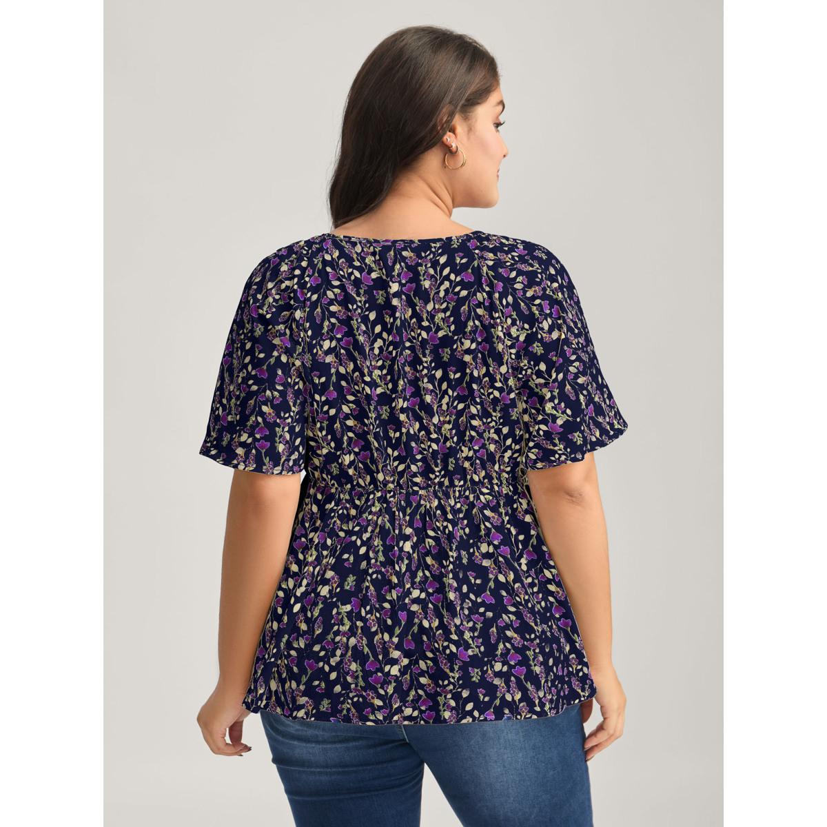 Plus Size Indigo Bust-Comfort Floral Print Tie Blouse Women Timeless Short sleeve V-neck Elegant Blouses BloomChic 28/5X Product Image
