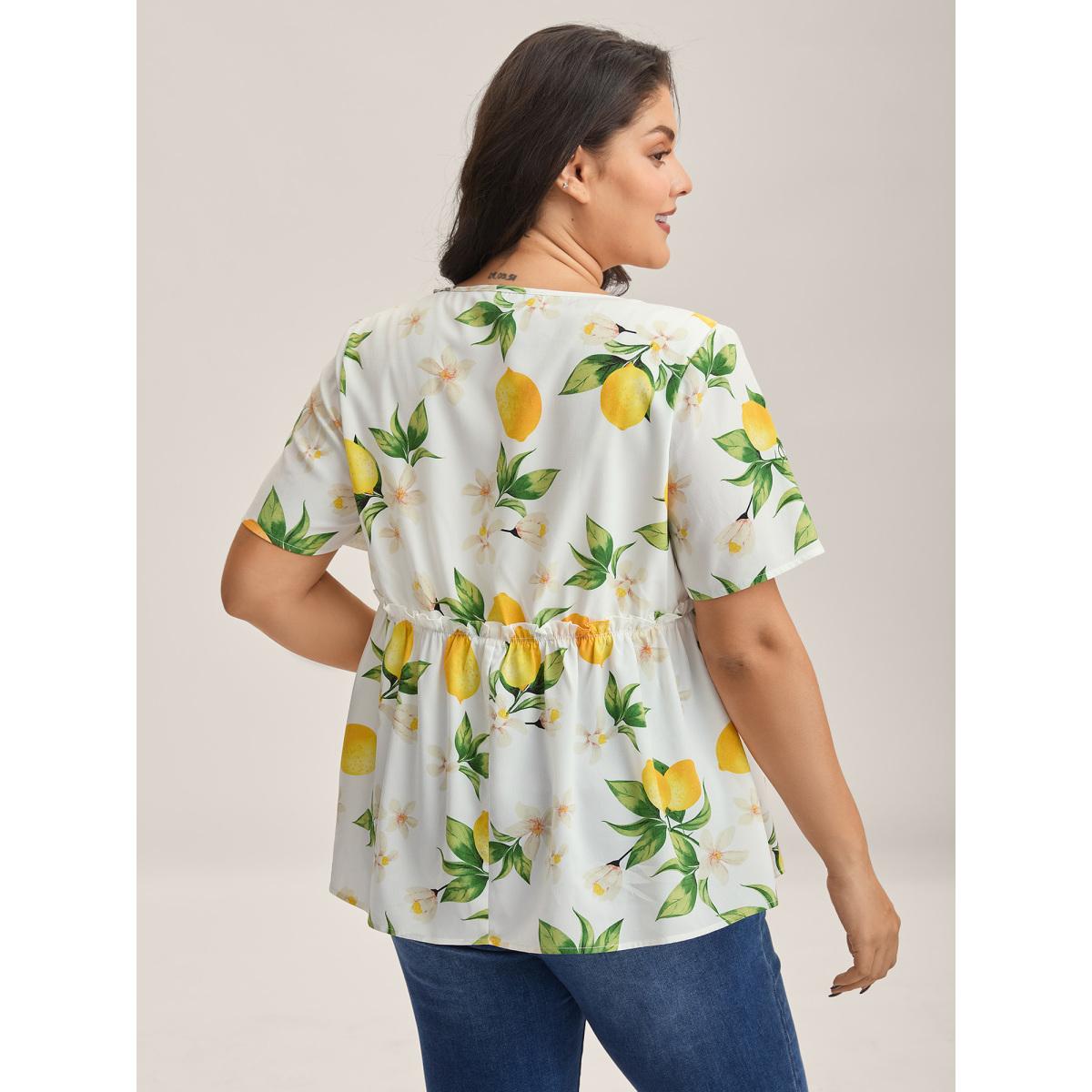 Plus Size WhiteSmoke Citrus Print Petal Trim Blouse Women Short sleeve V-neck Everyday-Casual Blouses BloomChic 12/L Product Image