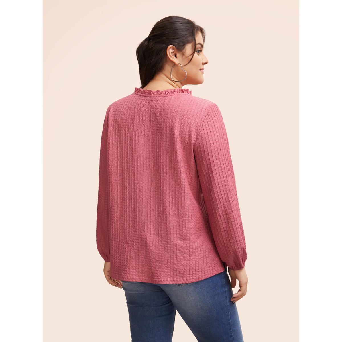 Plus Size Textured Tie Knot Lantern Sleeve T-shirt Beanpastepowder Women Casual Tie knot V-neck Everyday T-shirts BloomChic 12/L Product Image
