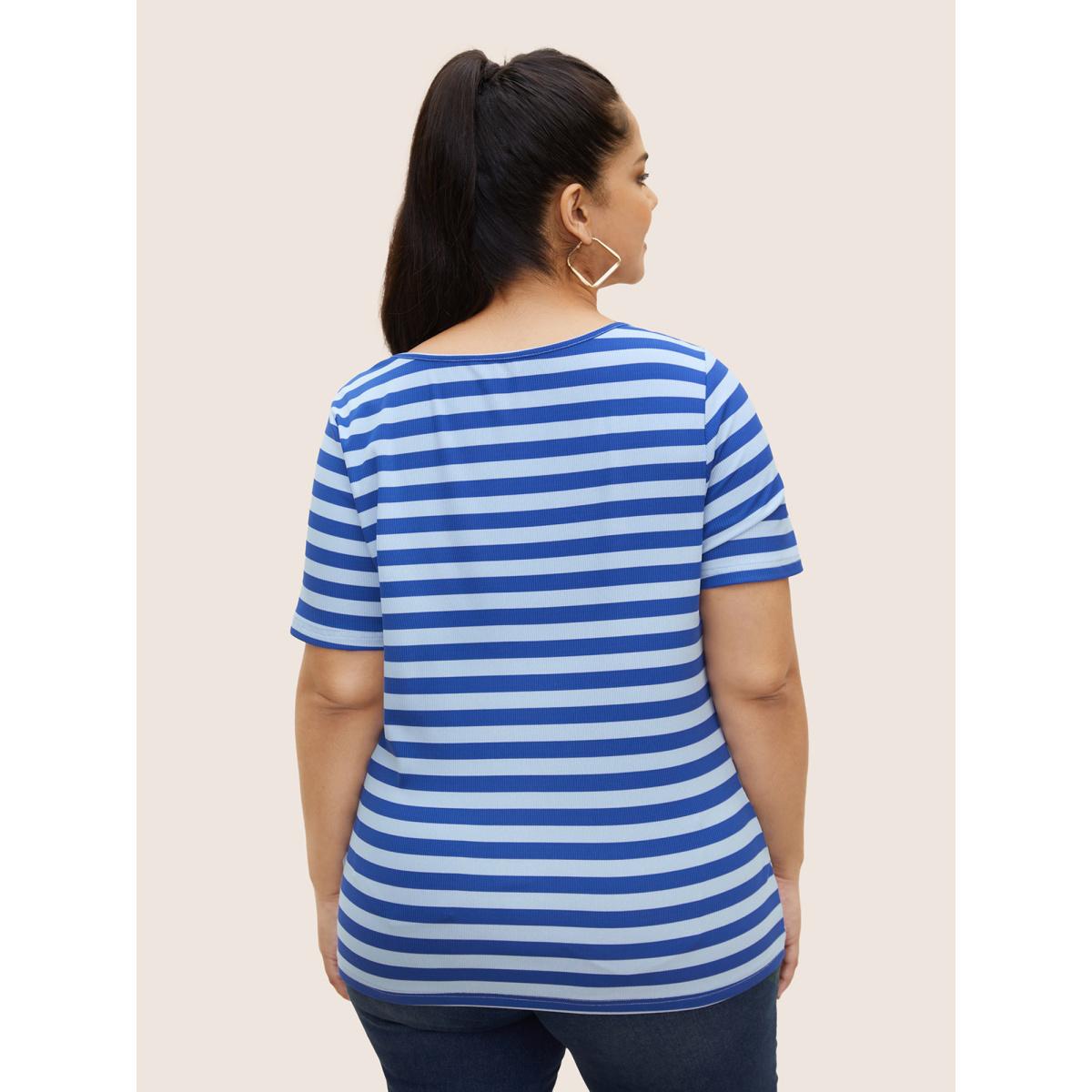 Plus Size Heart Neckline Striped Pit Strip Ruched T-shirt Brightblue Women Casual Gathered Heart neckline Everyday T-shirts BloomChic 28/5X Product Image