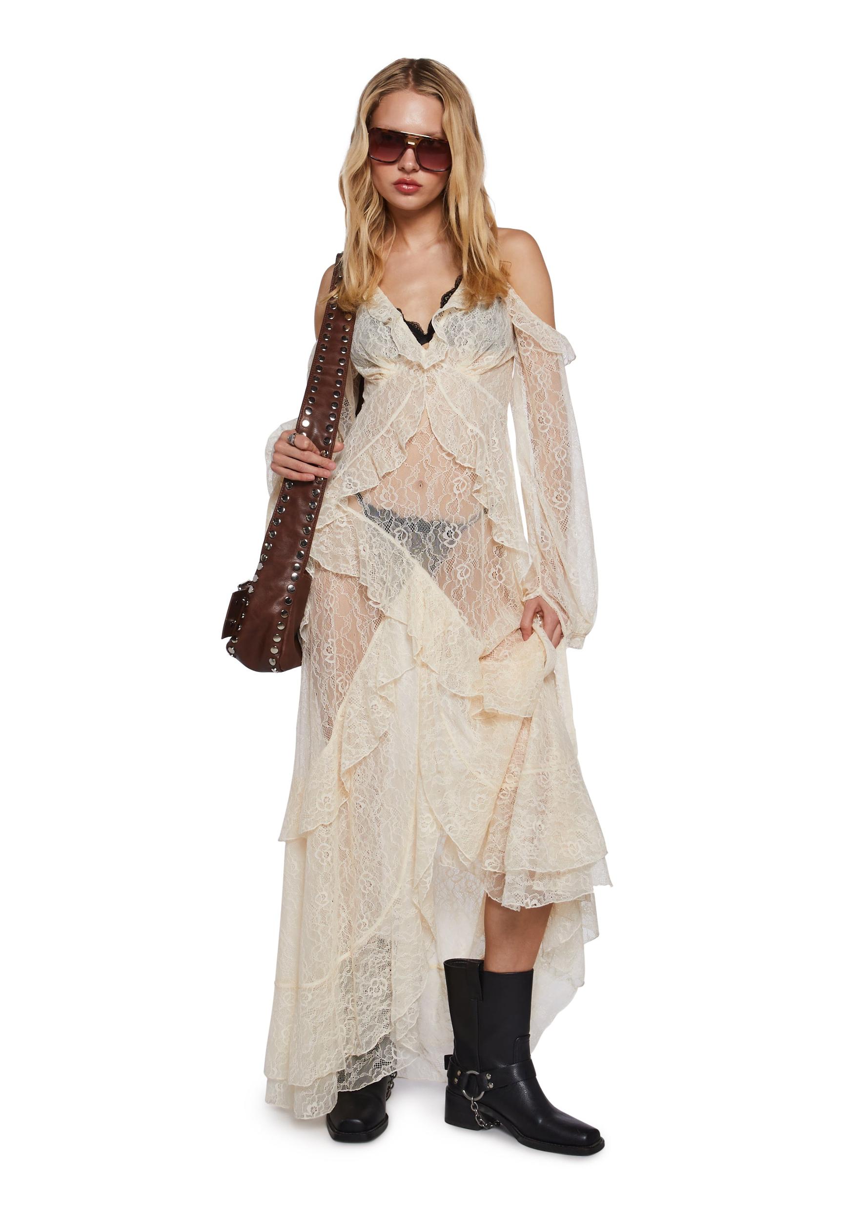 Womens Sheer Floral Lace Maxi Dress With Ruffles Current Mood - Off White Product Image
