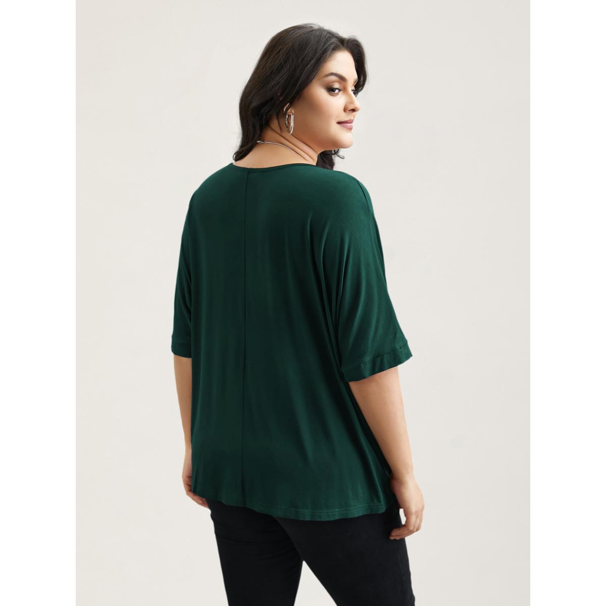 Plus Size Supersoft Round Neck Plain T-Shirt DarkGreen Women Leisure Non Round Neck Casual T-shirts BloomChic 28/5X Product Image