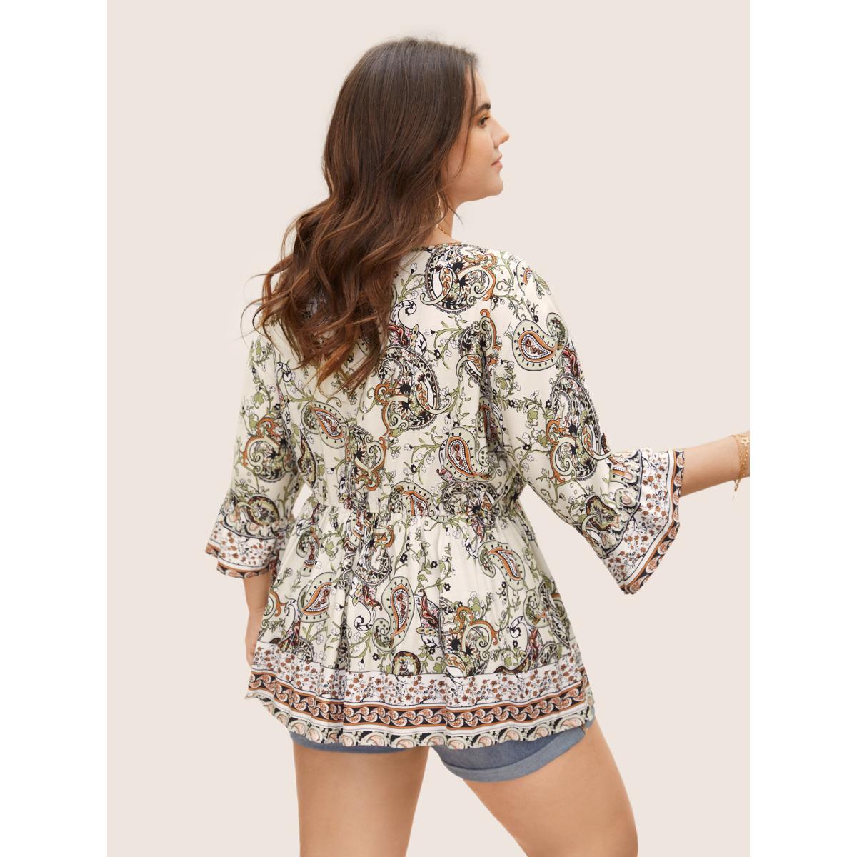 Plus Size Multicolor Boho Print Tie Knot Tassels Crisscross Blouse Women Boho Elbow-length sleeve V-neck Vacation Blouses BloomChic 30/6X Product Image