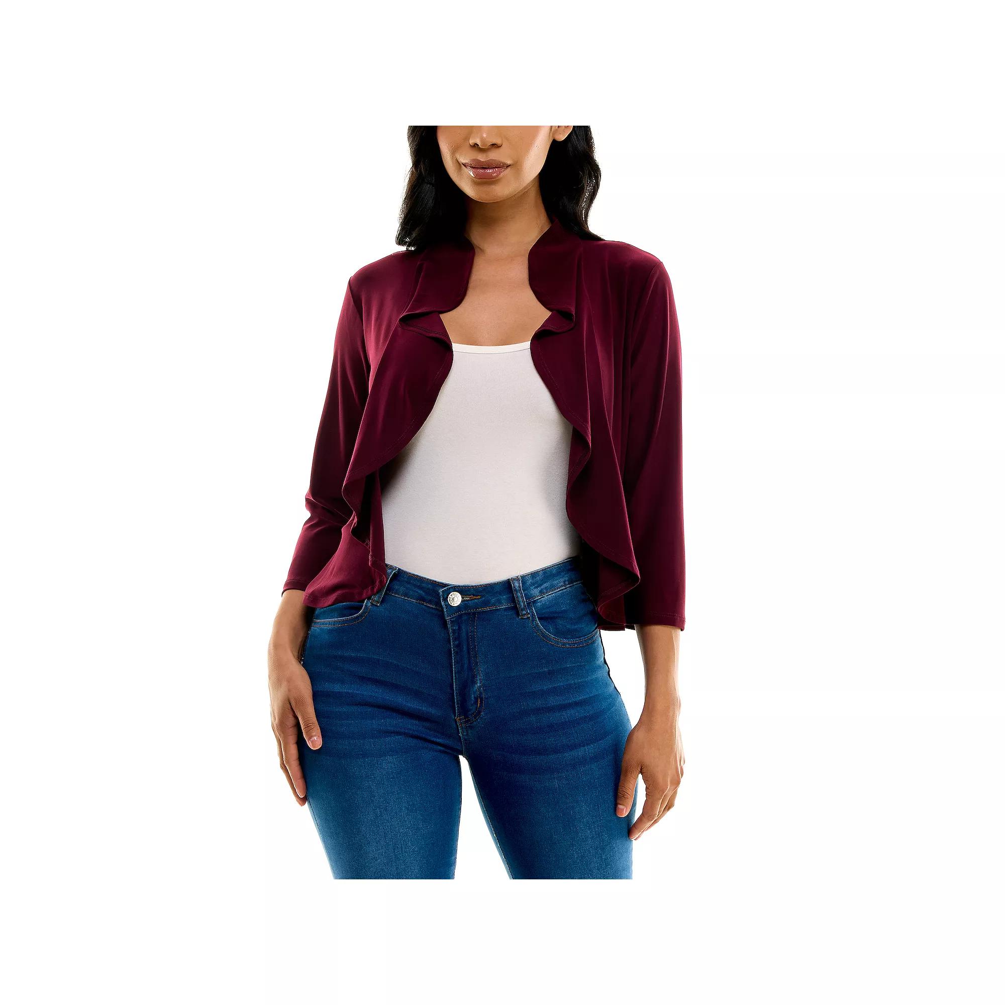 Women's Nina Leonard Ruffle Front Cropped Cardigan, Size: Medium, Deep Red Product Image