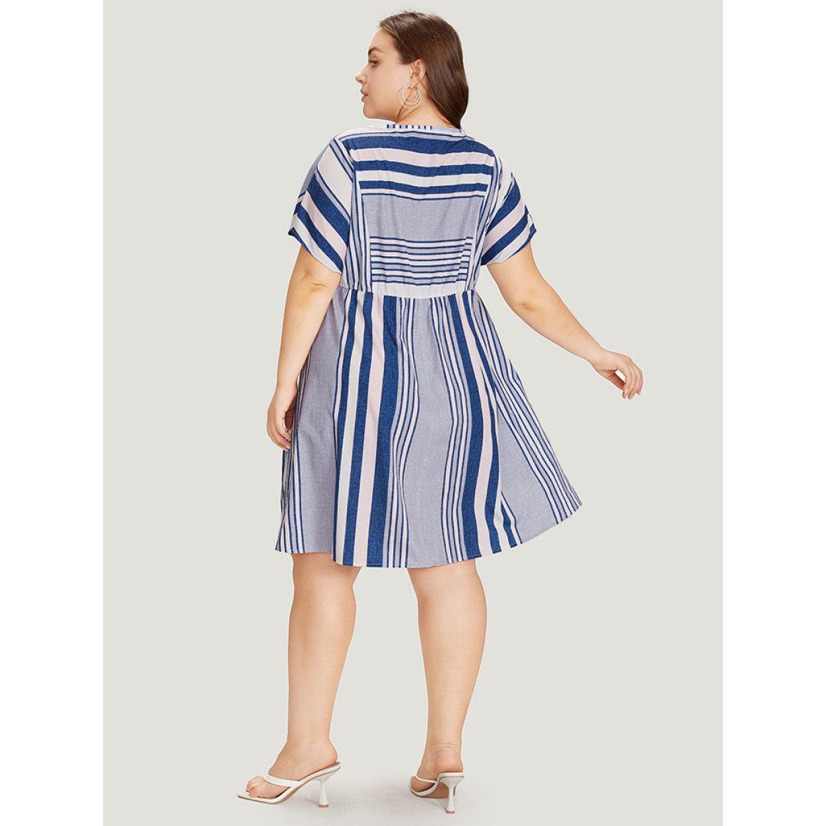Plus Size Striped Print Patchwork Ruffle Sleeve Ruched Dress DarkBlue Women Vacation Round Neck Short sleeve Curvy Knee Dress BloomChic 30/6X Product Image