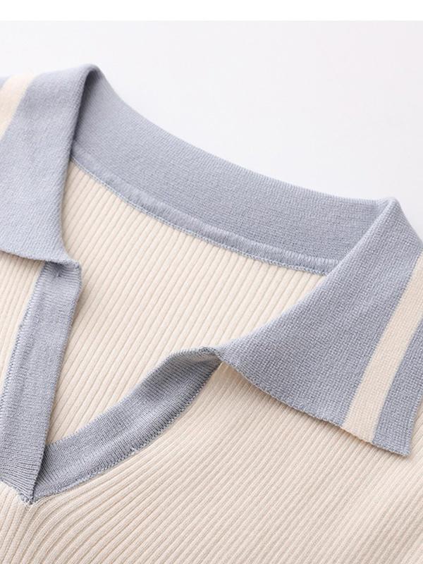 Contrast Color Polo Neck Short Sleeve Knit Product Image