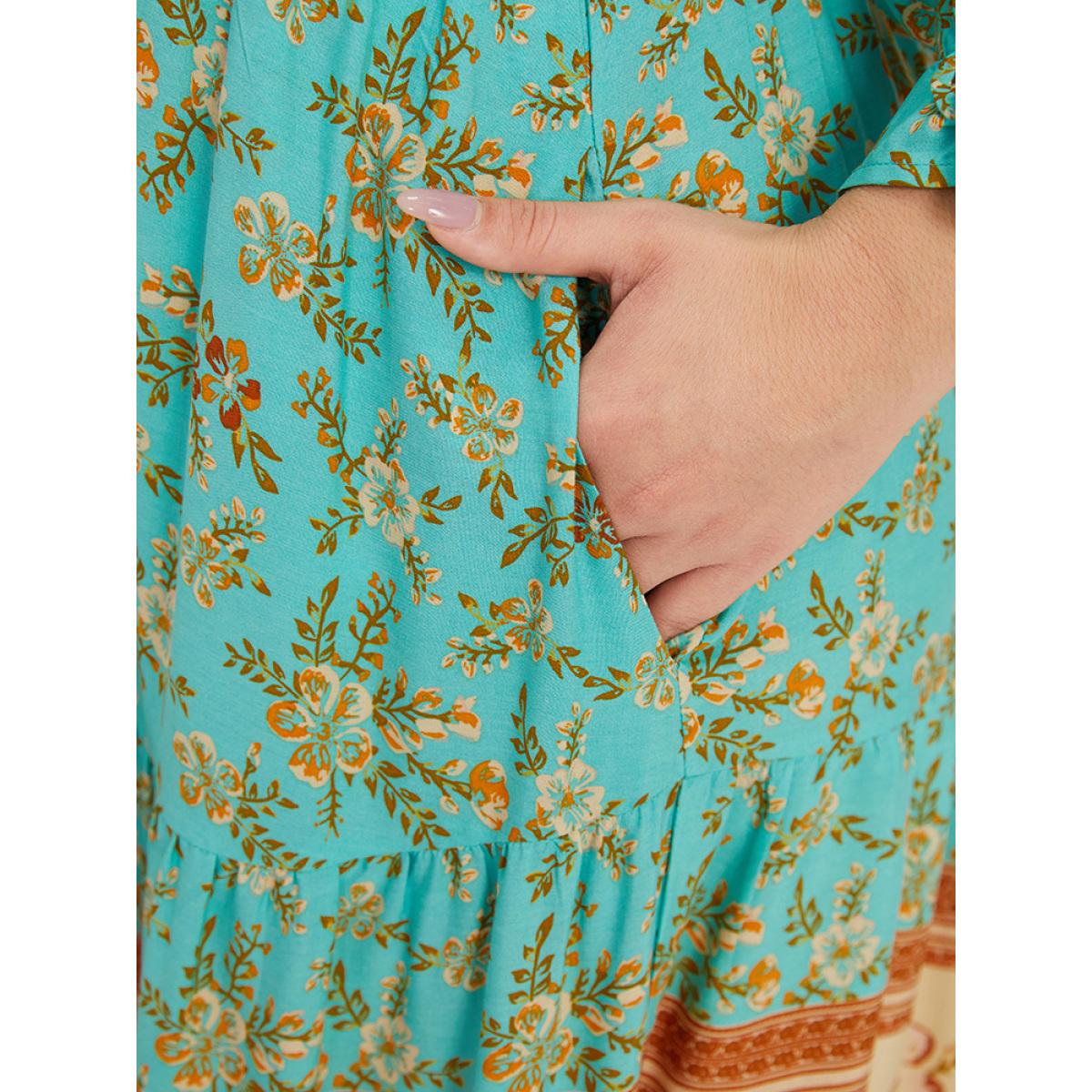 Plus Size Floral Print Lantern Sleeve Contrast Patchwork Dress Aquamarine Women Vacation Elastic cuffs V-neck Half Sleeve Curvy Midi Dress BloomChic 22-24/3X Product Image