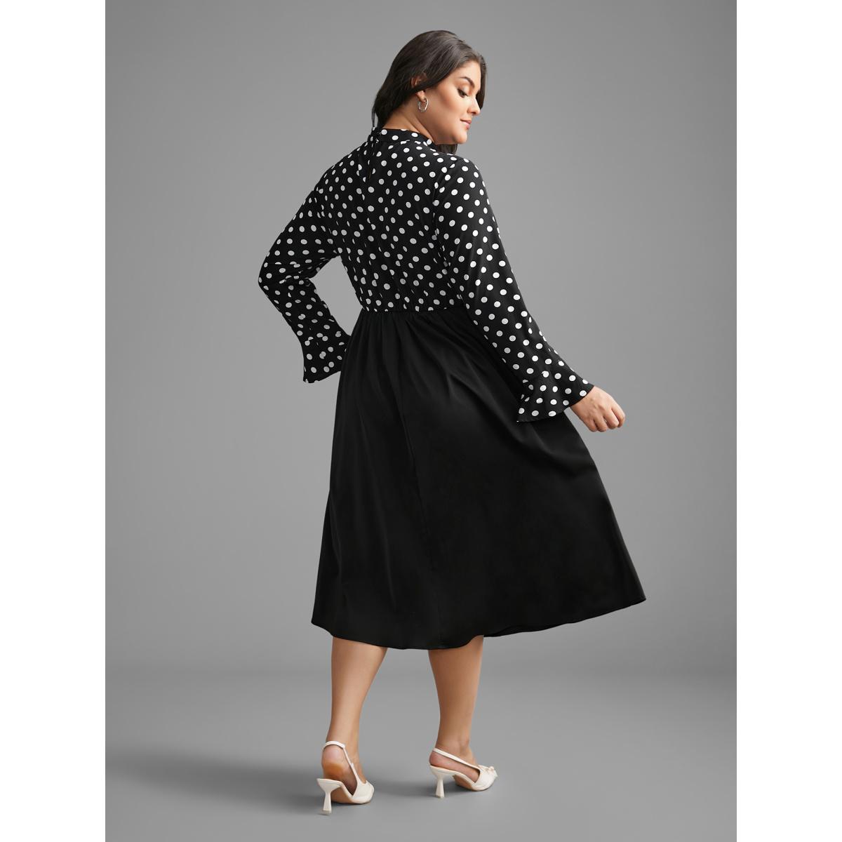 Plus Size Polka Dot Patchwork Keyhole Dress Black Women At the Office Patchwork Mock Neck Long Sleeve Curvy BloomChic 22-24/3X Product Image