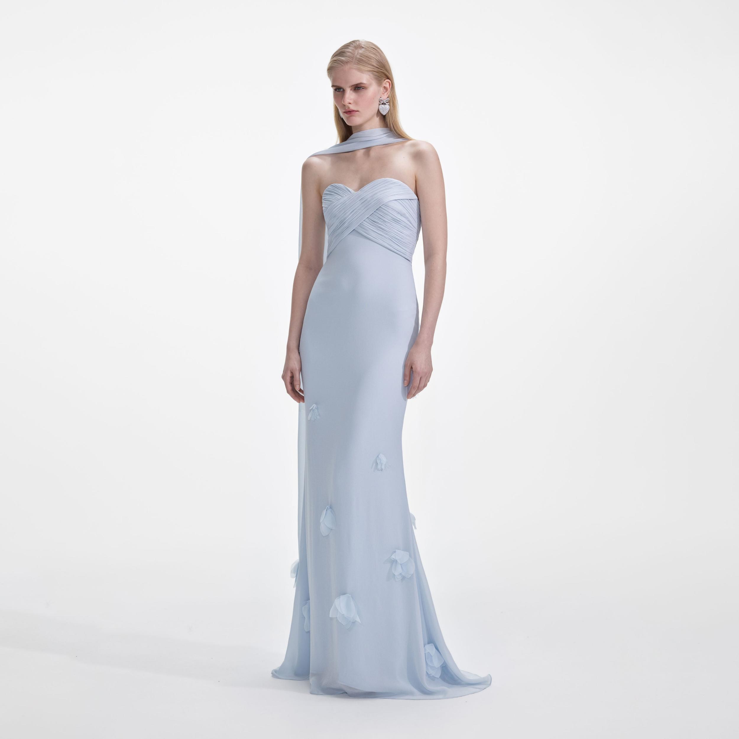 Blue Georgette Flower Maxi Dress Product Image