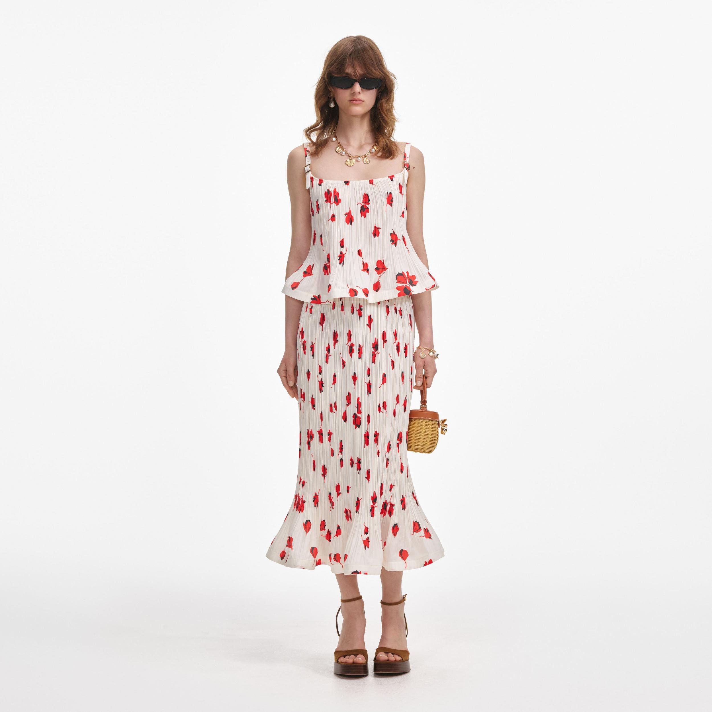 White Floral Plisse  Midi Skirt Product Image