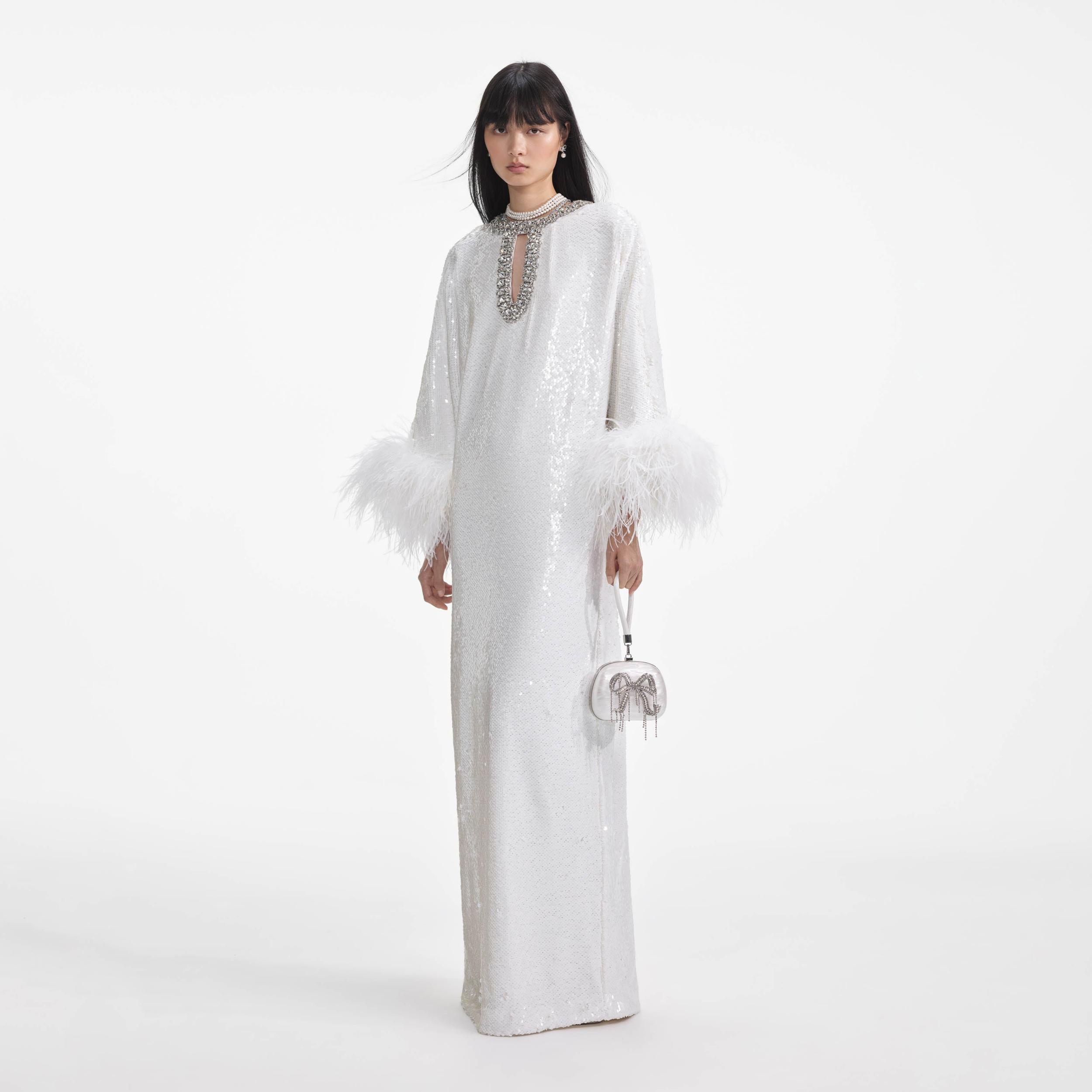 White Sequin Feather Maxi Dress Product Image