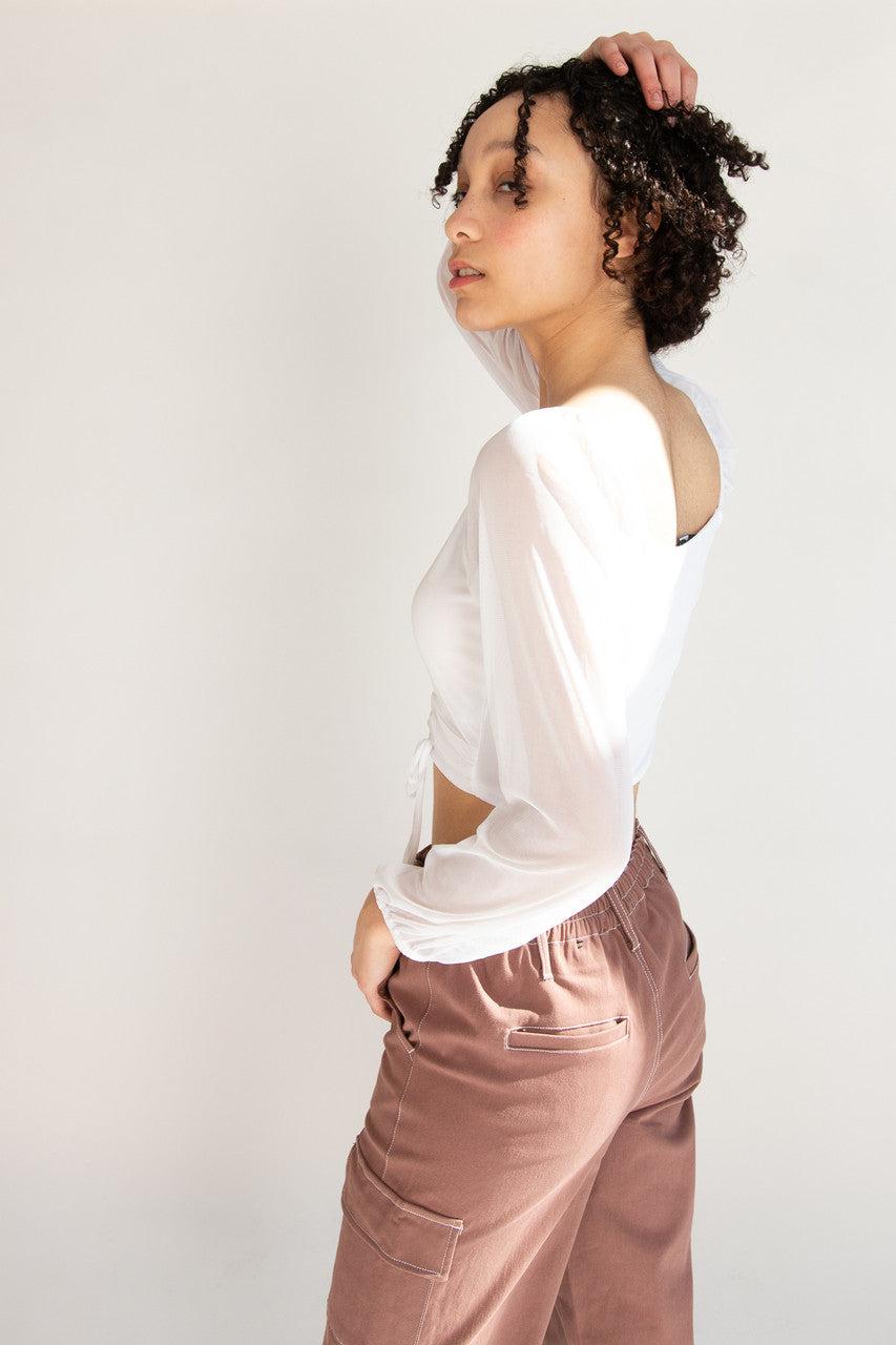 Mesh Ruched Front Long Sleeve Top Product Image