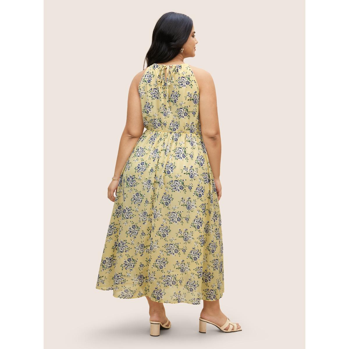 Plus Size Halter Neck Floral Elastic Waist Dress Lightyellow Women Elegant Halter neck Sleeveless Curvy BloomChic 12/L Product Image