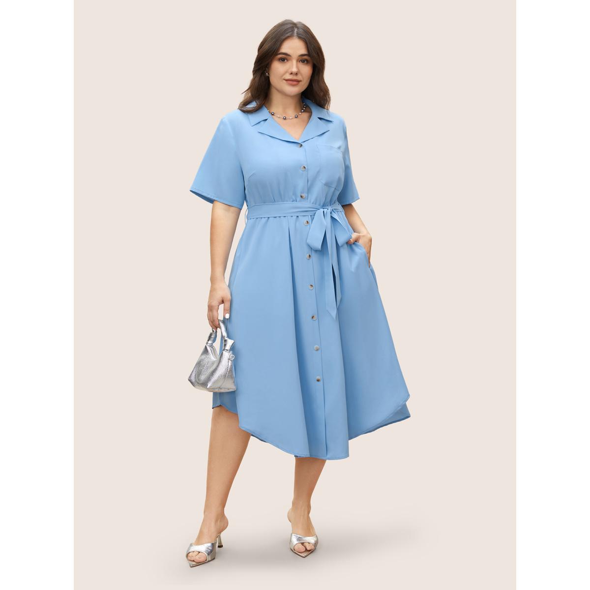 Plus Size Suit Collar Plain Button Up Dress LightBlue Women At the Office Belted Suit Collar Short sleeve Curvy BloomChic 26/4X Product Image