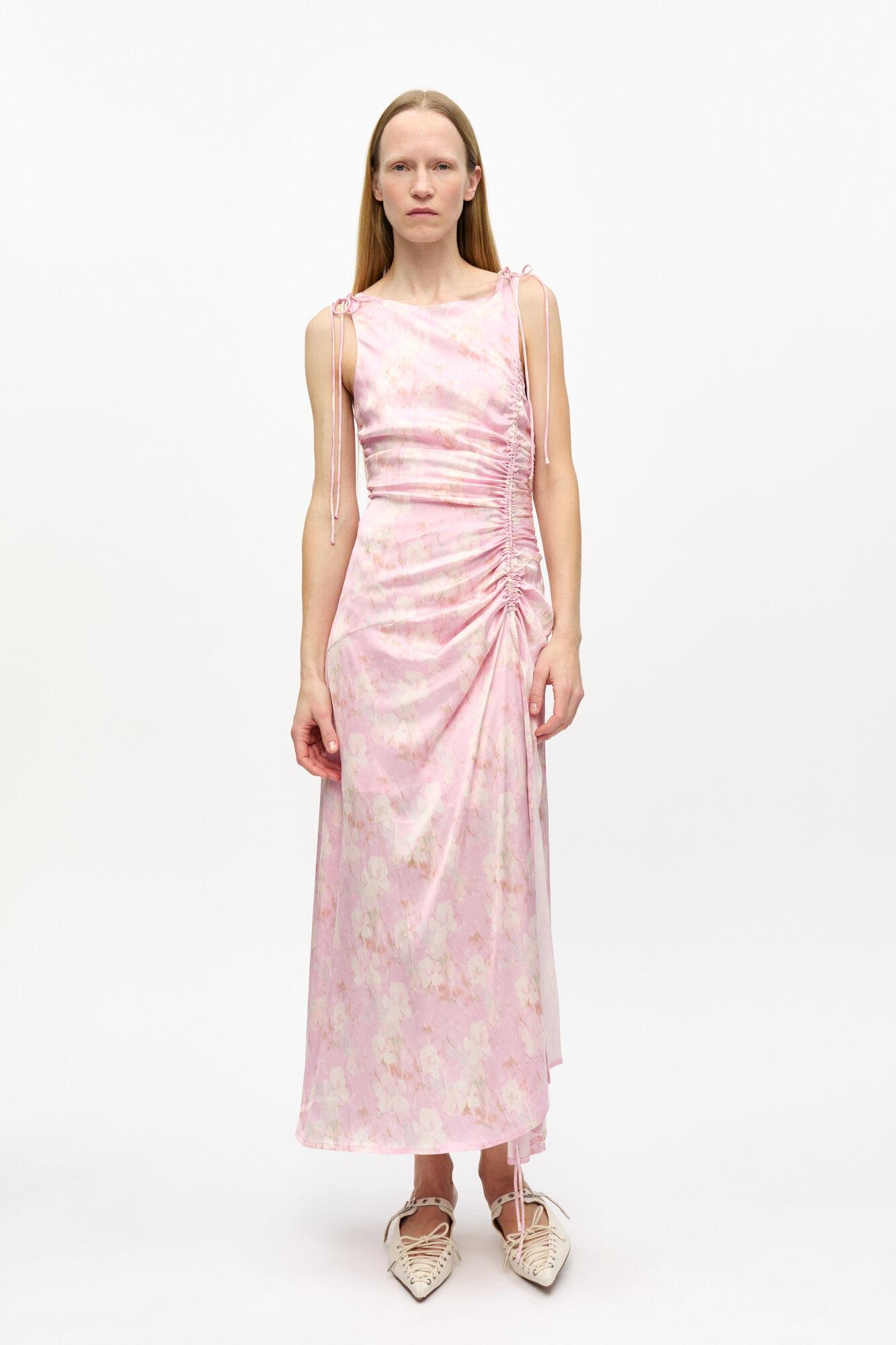 Pink Printed Satin Gathered Dress Product Image